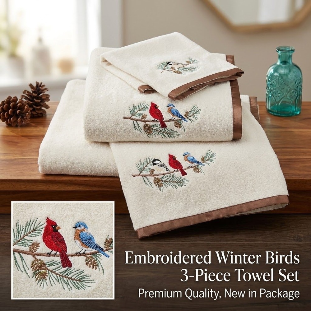 3pc Bird Pine Bath Towel Set Embroidered Cardinal Winter Cream New bluejay